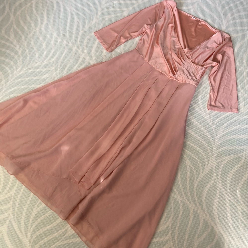 Formal long dress v neck stretchy faux wrap 3/4 sleeves chiffon bottom layers
